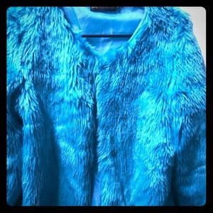Blue faux fur bomber jacket
